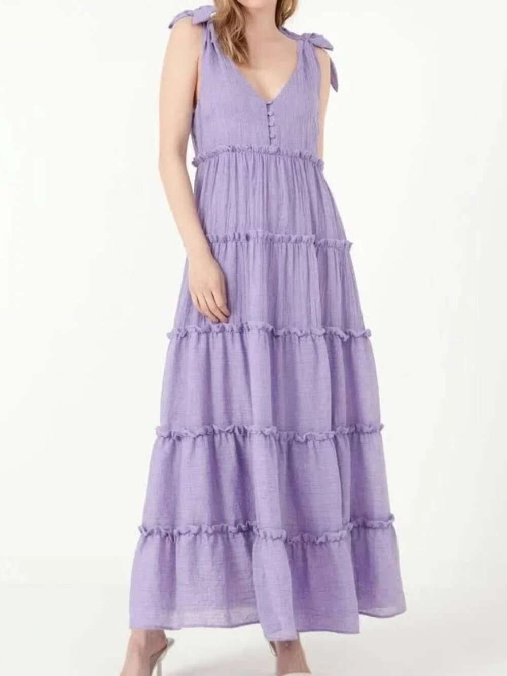 Free The Roses Maxi Dress sz M Light Purple Gauze Cotton Tiered Ruffle Tie Boho